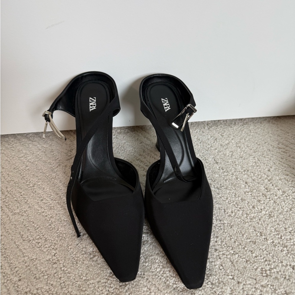 Zara Black Heels with Pointed Toe and Ankle Strap
